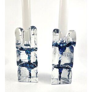 Pair Of Vintage Thorn Art Glass Candle Holders With blue green glass, ice-like